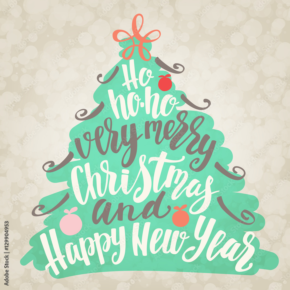 Christmas and Happy New Year tree word cloud, holidays hand lettering collage.