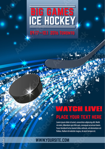 Vector ice hockey puck and stick dynamic composition.