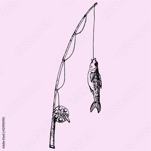 fishing rod with fish, doodle style sketch illustration hand drawn vector
