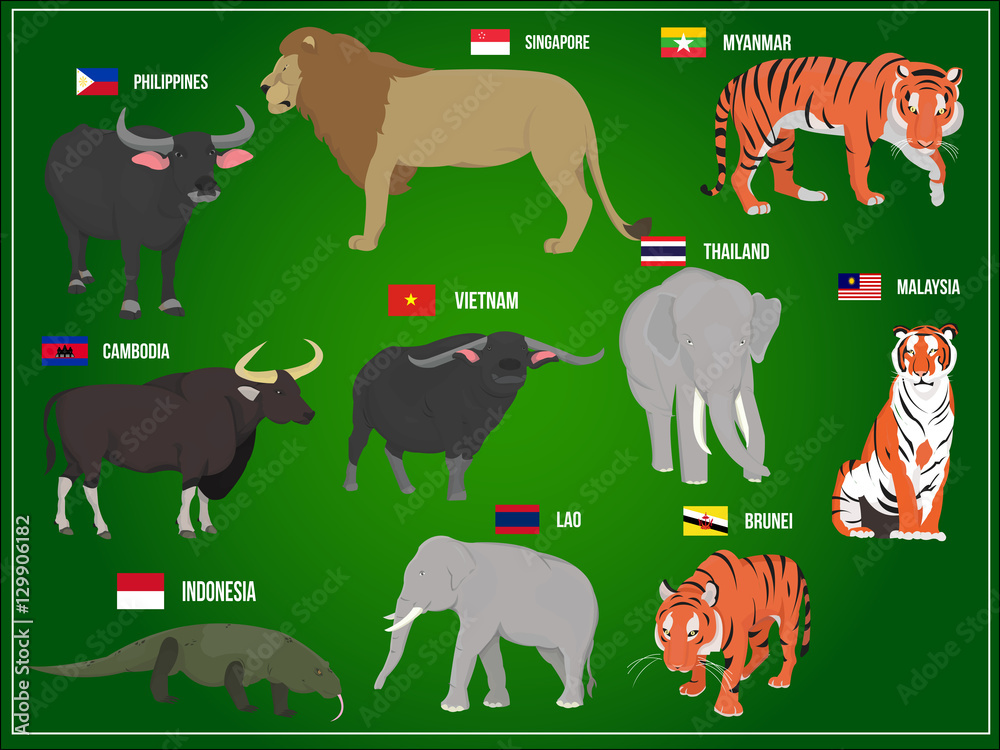 Vector illustration National Animals of Asia Countries Stock Vector