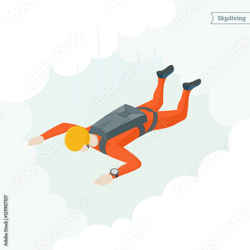 Extreme sport. Parachuting. Skydiver in orange suit. Isometric view skydiver on cloud background. Vector Illustration.