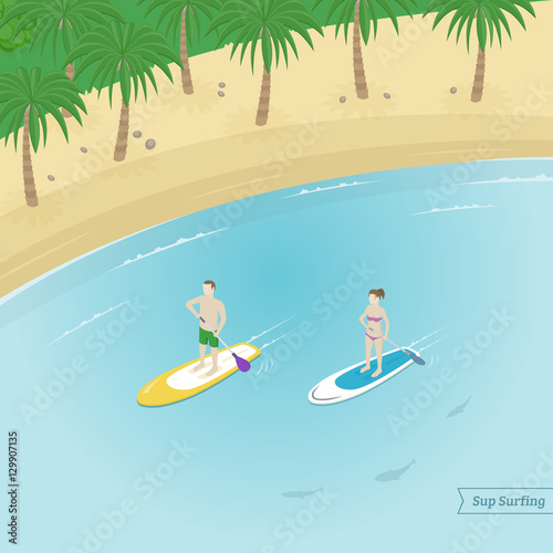 Isometric view. Sup surfing. Man and woman do stand up paddling on water. Vector illustration. 