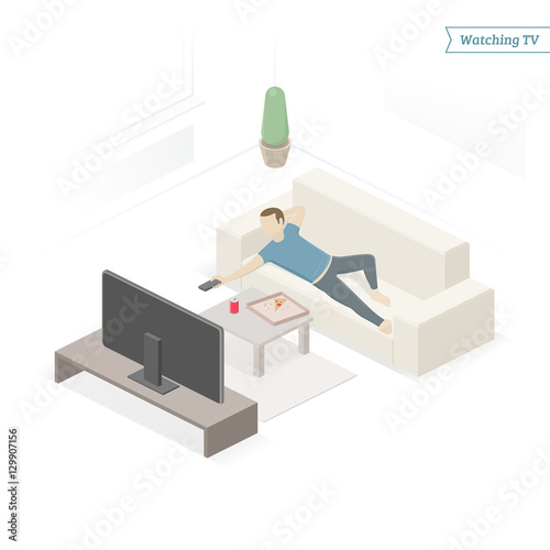 Single man with pizza and soda on the couch watching TV, changing channels. Isometric view. Vector illustration.