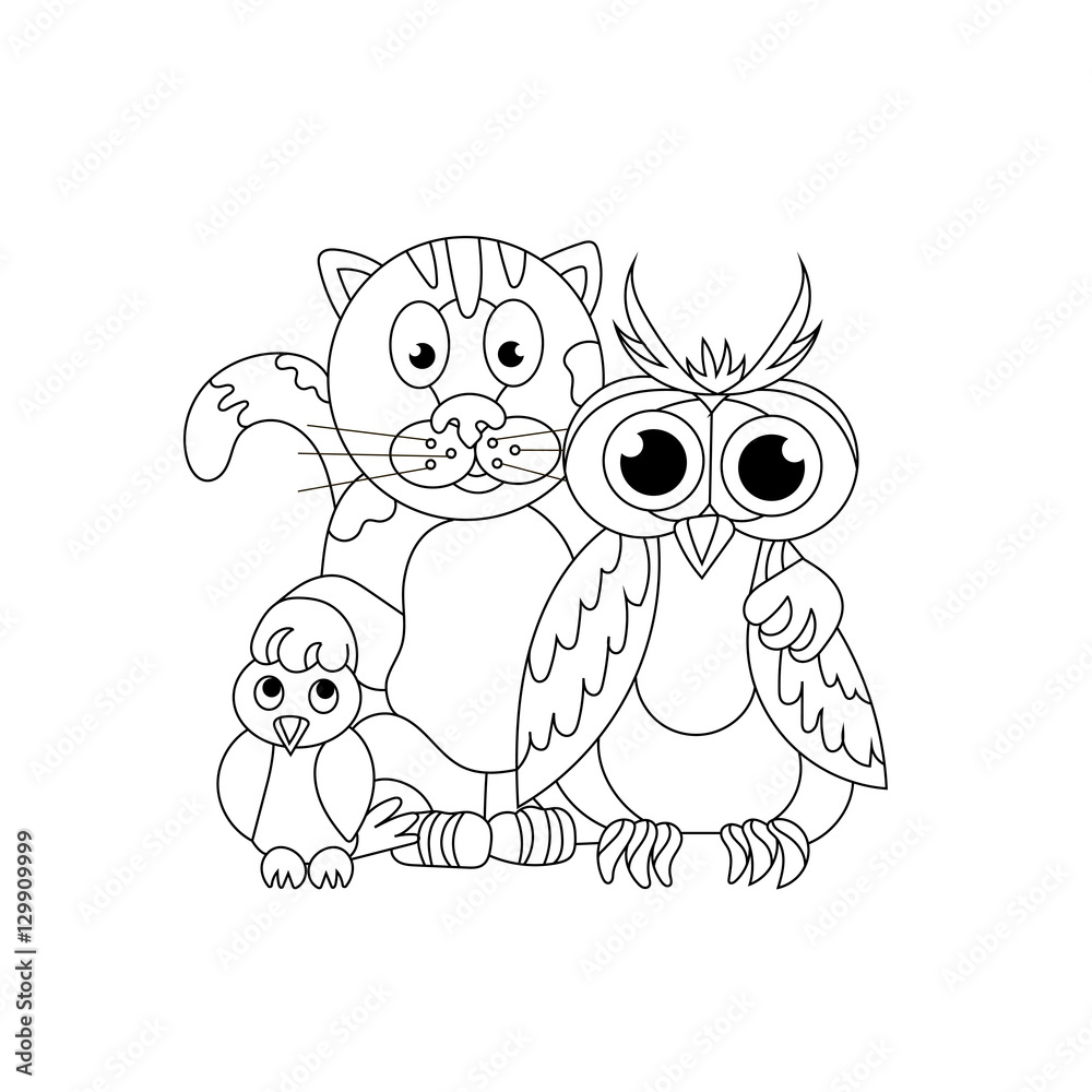 Friendly company. Cat, owl and titmouse. Coloring book. Friendsh