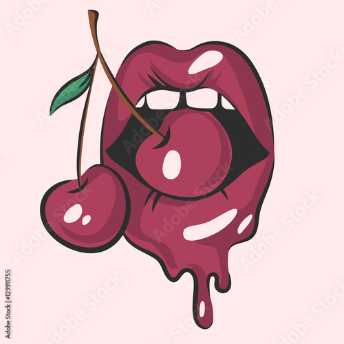 Sexy lips with juicy cherry, vector illustration