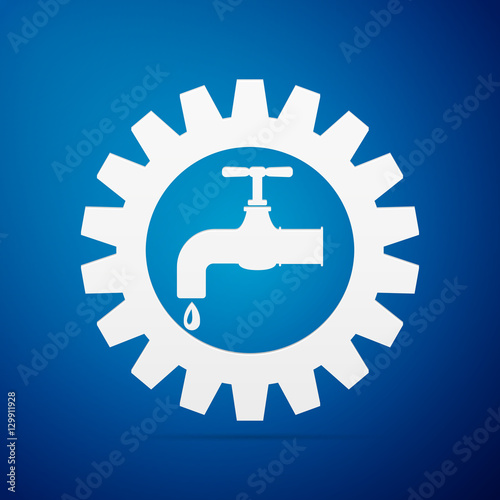 Gearwheel with tap sign as plumbing work logo flat icon on blue background. Vector Illustration