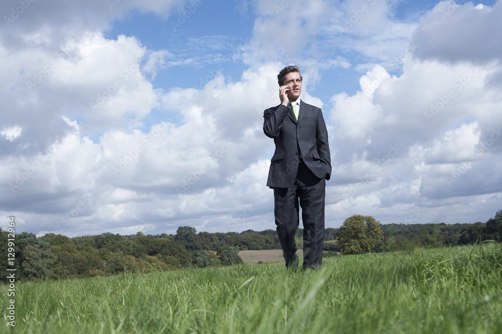 Businessman communicating on mobile phone in field against cloudy sky Businessman communicating on mobile phone in field against cloudy sky