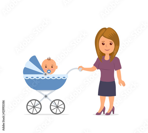 Mother with toddler in the pram. Mom and baby isolated on the white background. Baby sitting in stroller. Motherhood. Mother walking with a stroller.