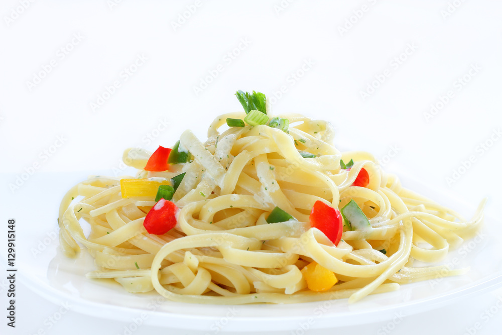 Pasta Carbonara with vegetarian food.