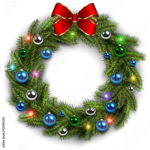 Christmas wreath with shiny balls and lights on white