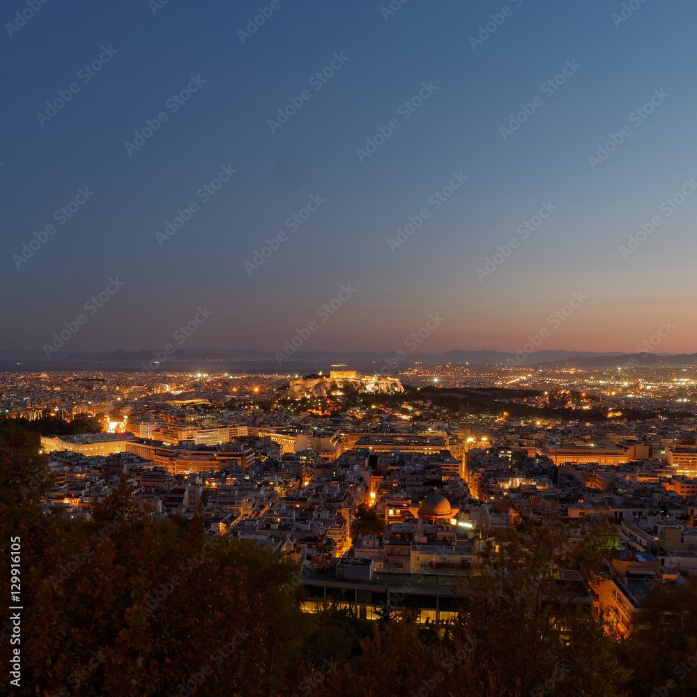 Athens Greece, view in the dusk from the northern part of Acropolis