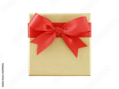 gold luxury cardboard gift box with red ribbon bow isolated on white, top view