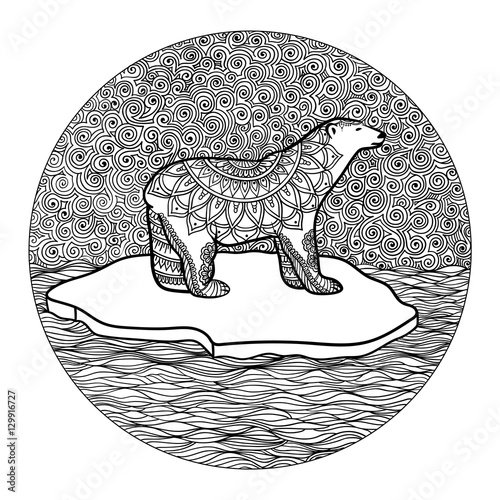 stylized Polar Bear illustration in zentangle doodle style, ethnic ornament,unique hand drawn design for print,clothing,greeting cards, banners,antistress coloring page for adult and other. isolated