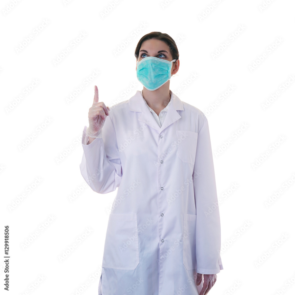 Female doctor assistant scientist in white coat over isolated background Female doctor assistant scientist in white coat over isolated background