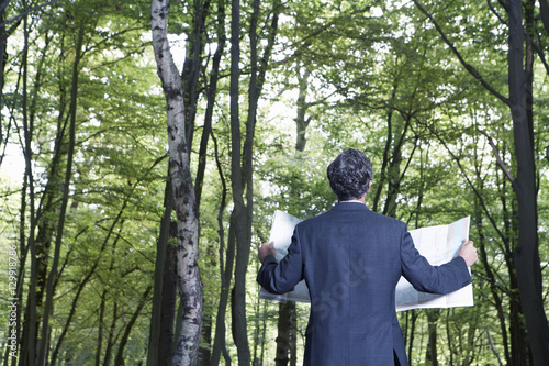 Rear view of businessman holding map while standing in forest
