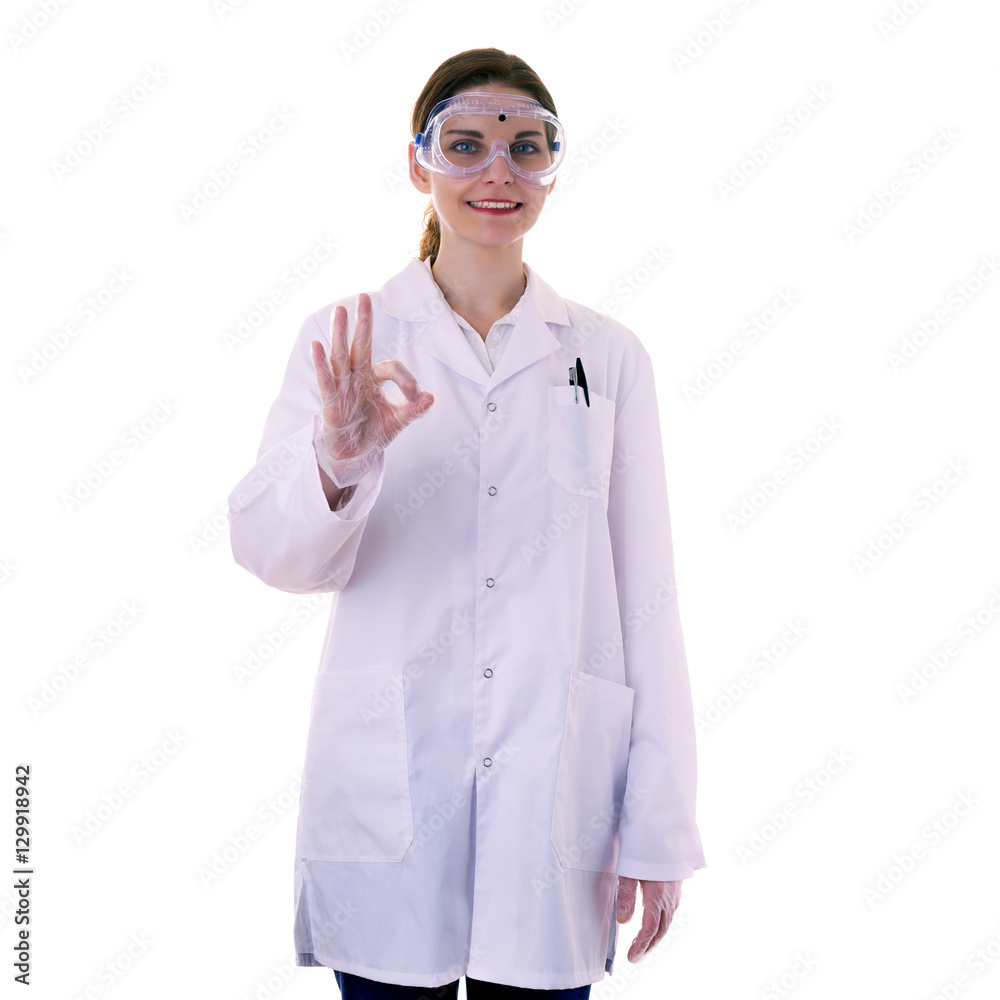 Female assistant scientist in white coat over isolated background Female assistant scientist in white coat over isolated background