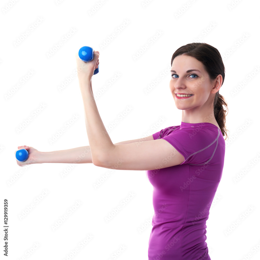 Smiling sporty woman in violet T-short over white isolated background Smiling sporty woman in violet T-short over white isolated background