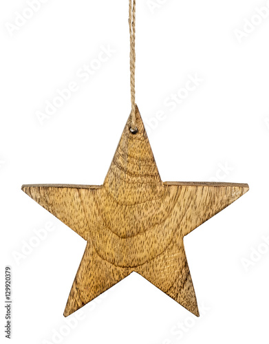 Brown wooden Christmas star tag hanger isolated on white