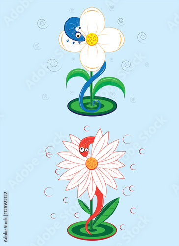 Two snakes sit on flowers white