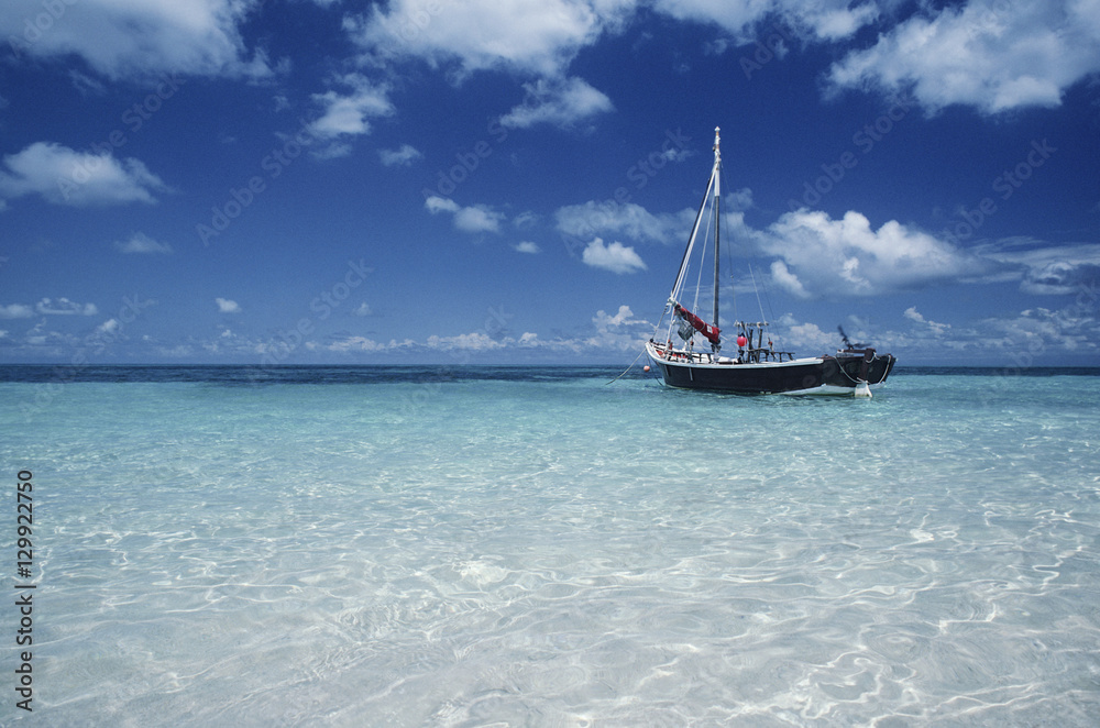 Fototapeta premium Boat moored in shallow water Far North Queensland Australia