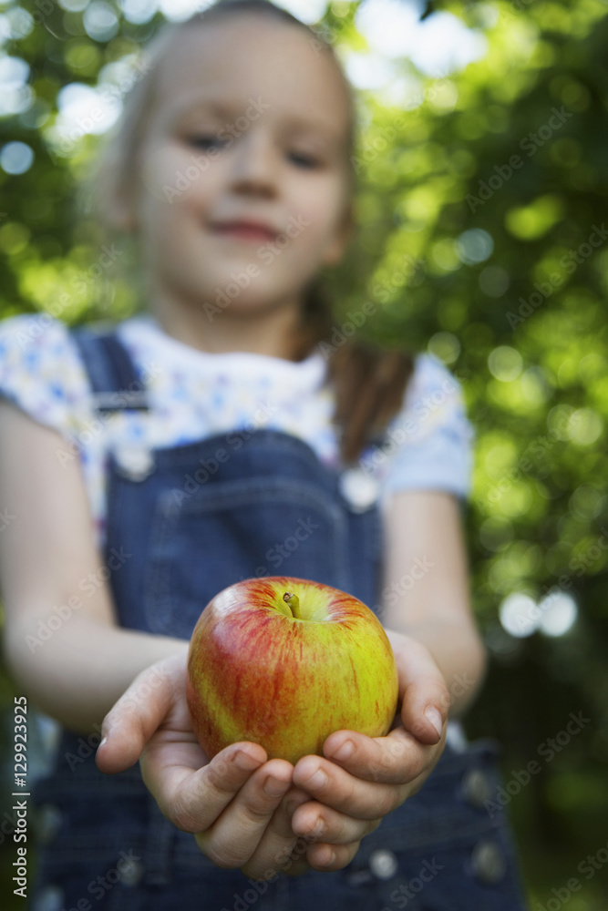 Blurred young girl holding out a fresh apple Blurred young girl holding out a fresh apple