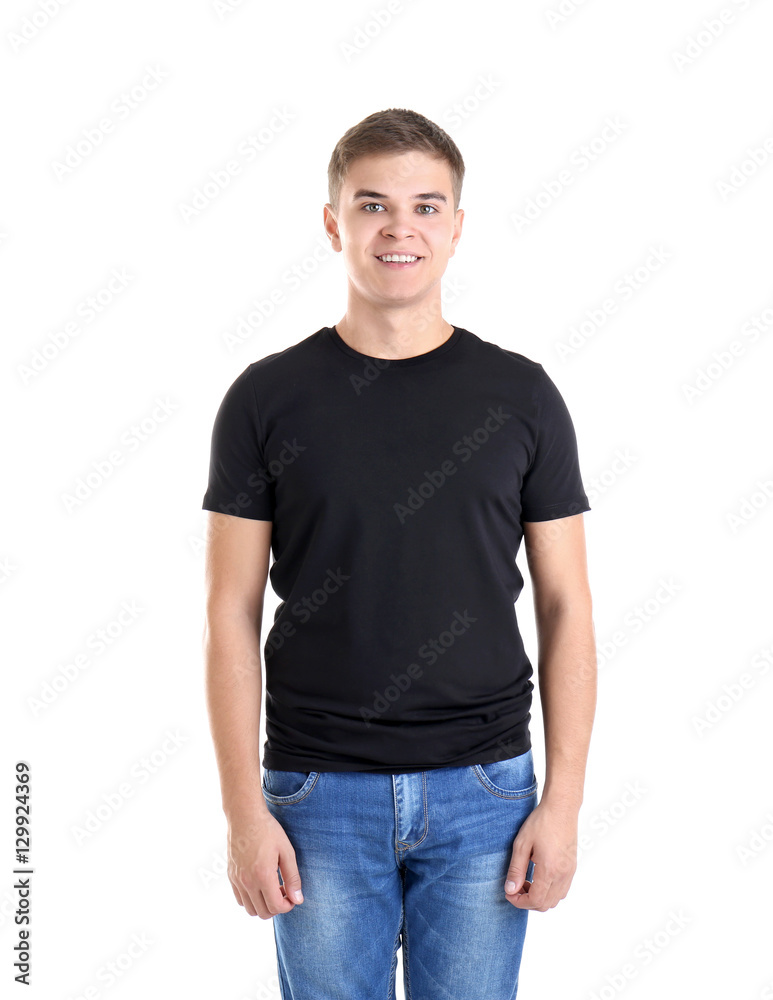 Handsome young man in blank black t-shirt on white background Handsome young man in blank black t-shirt on white background