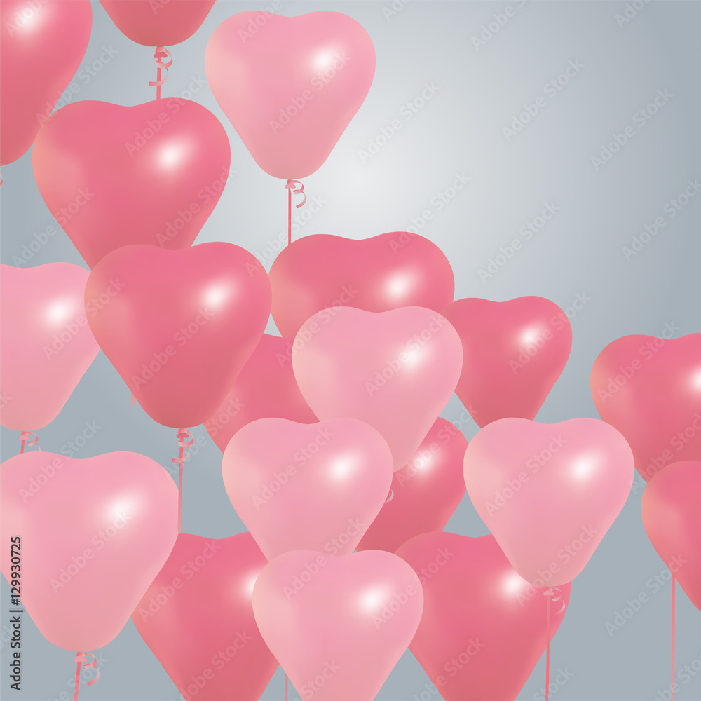 Realistic heart birthday balloons flying. party and celebrations. Space for message. Isolated on light background. I love you. Happy Valentines Day