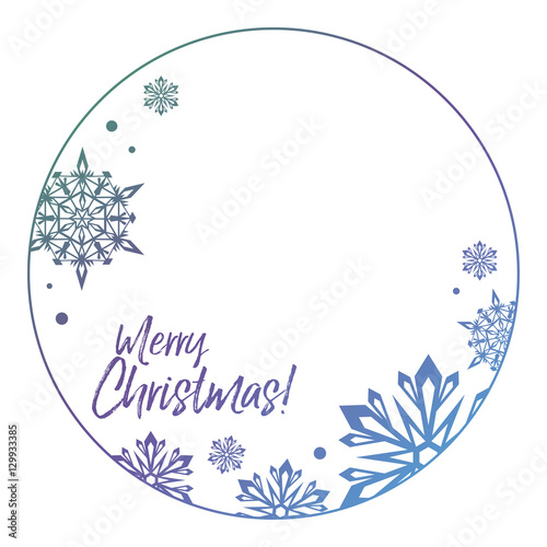 Round frame with snowflakes and greeting text:"Merry Christmas!". Copy space. 