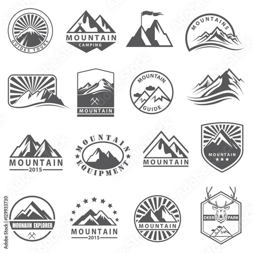 monochrome collection of various mountain icons 