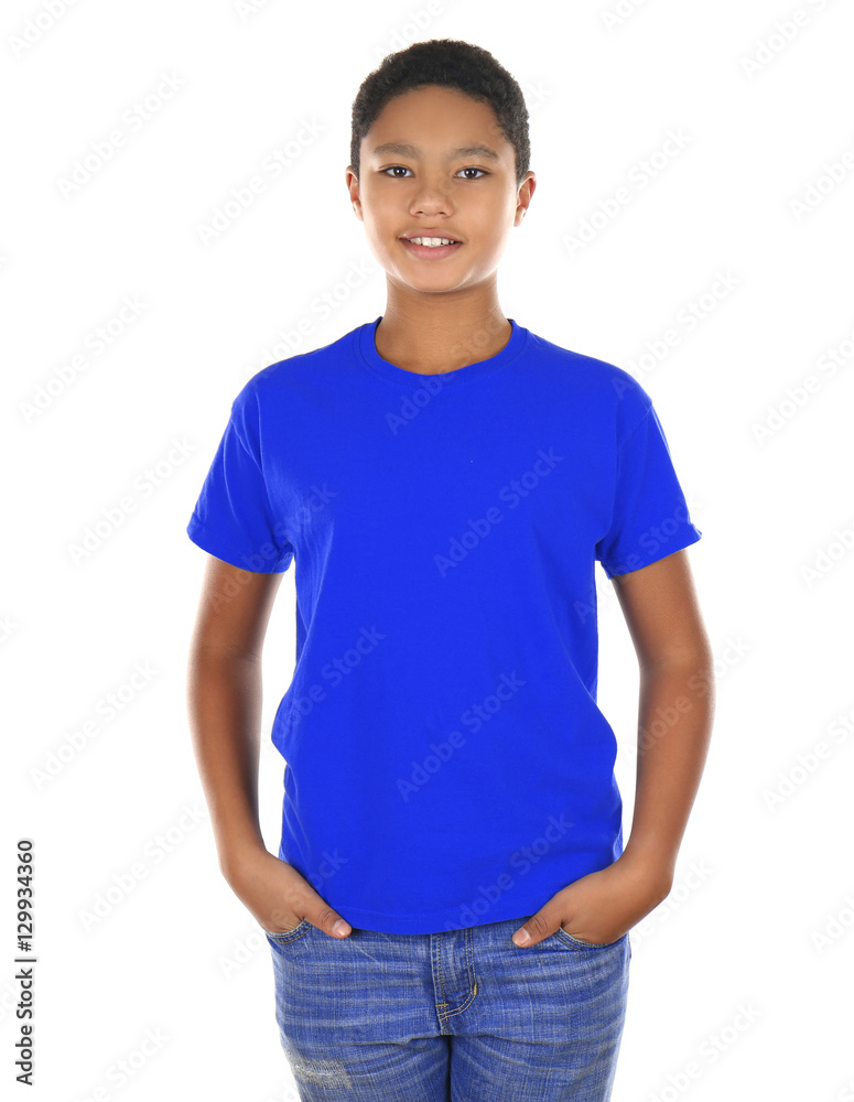 Young African American boy in blank blue t-shirt standing on white background Young African American boy in blank blue t-shirt standing on white background