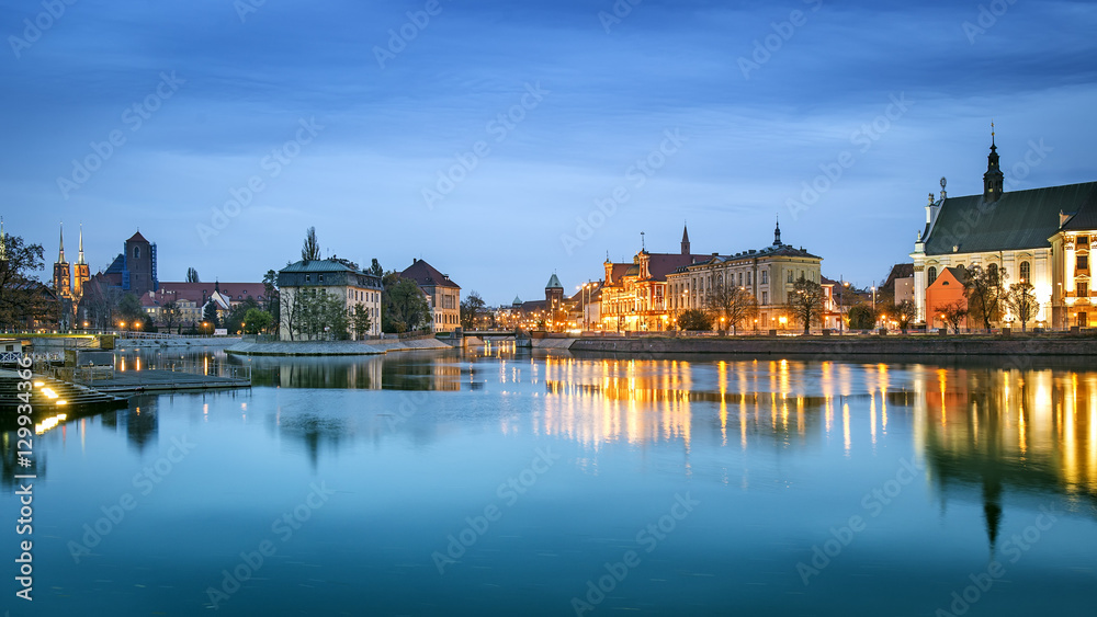 Embankment of Odra at night, Wroclaw, Poland