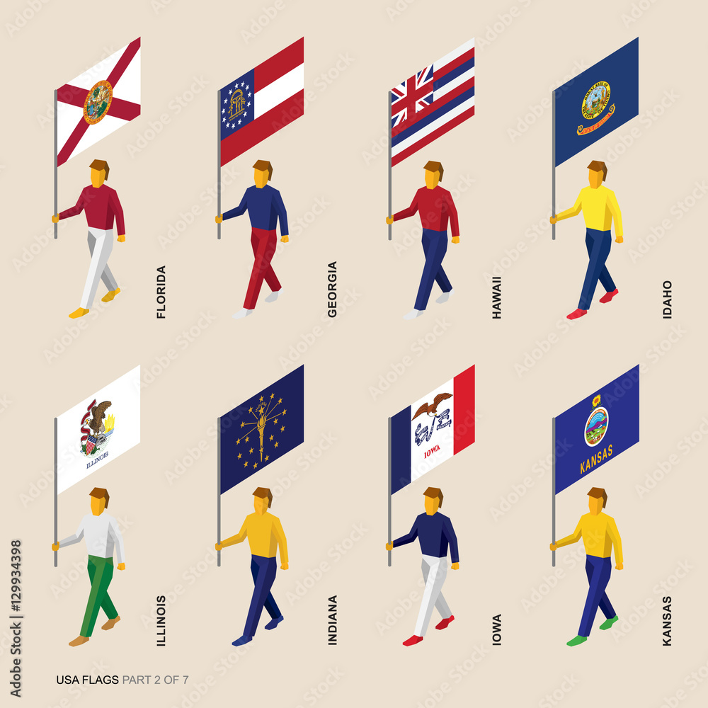Set of isometric 3D USA standard bearers. Flags in alphabetical order