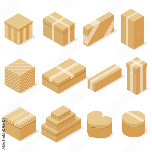 Set of cardboard boxes. Flat isometric. A container for goods. Packaging, storage and transportation. Delivery in the package. Vector illustration.