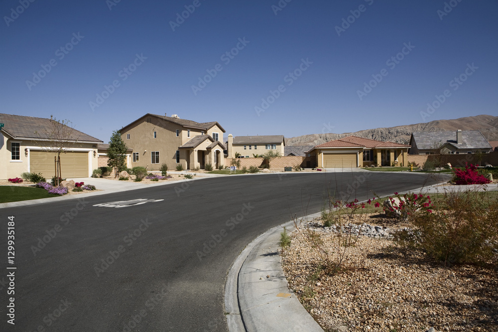 Empty curved road in front of residential structures