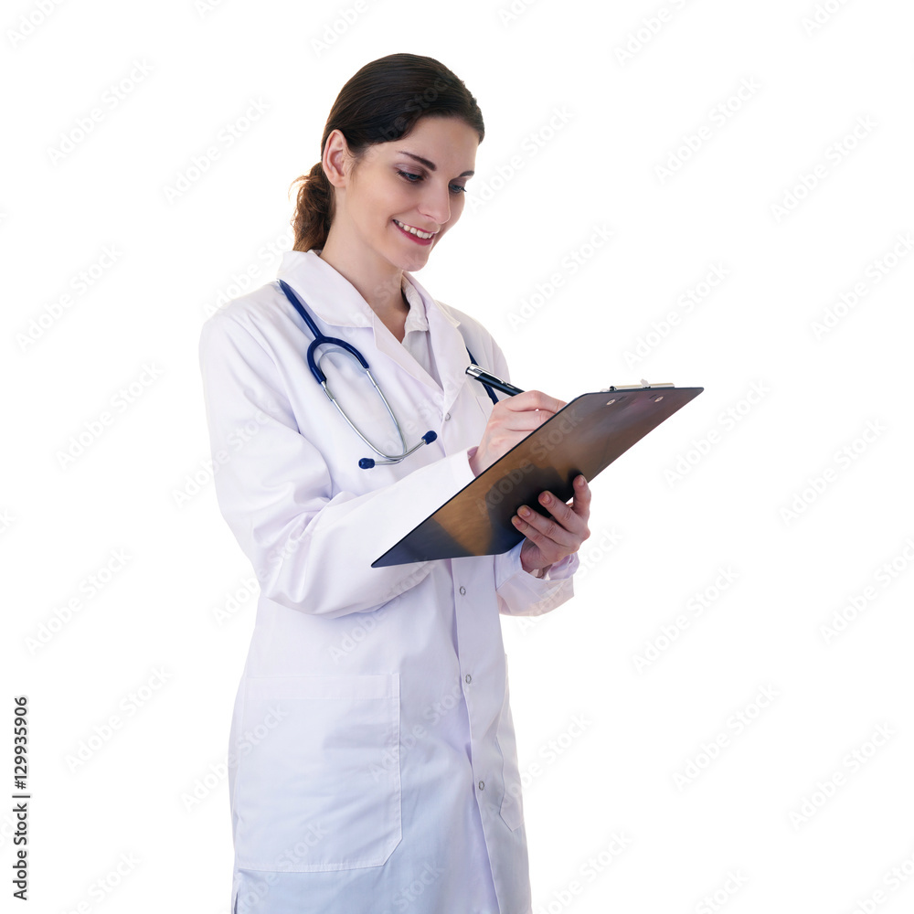 Female doctor assistant scientist in white coat over isolated background Female doctor assistant scientist in white coat over isolated background