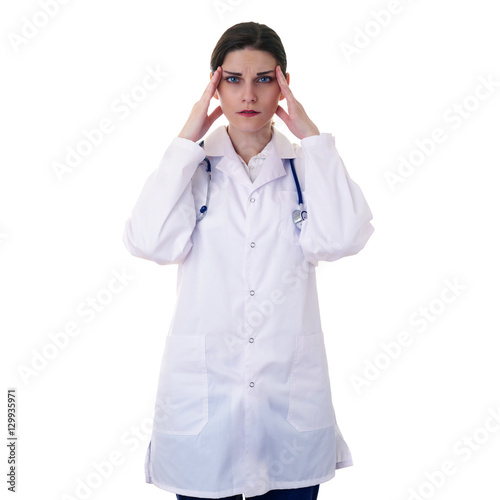 Female doctor assistant scientist in white coat over  isolated background