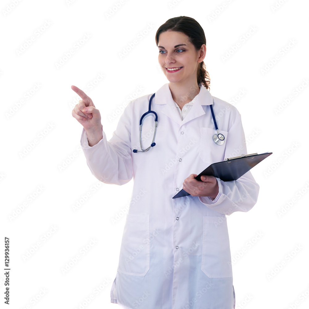 Female doctor assistant scientist in white coat over isolated background Female doctor assistant scientist in white coat over isolated background