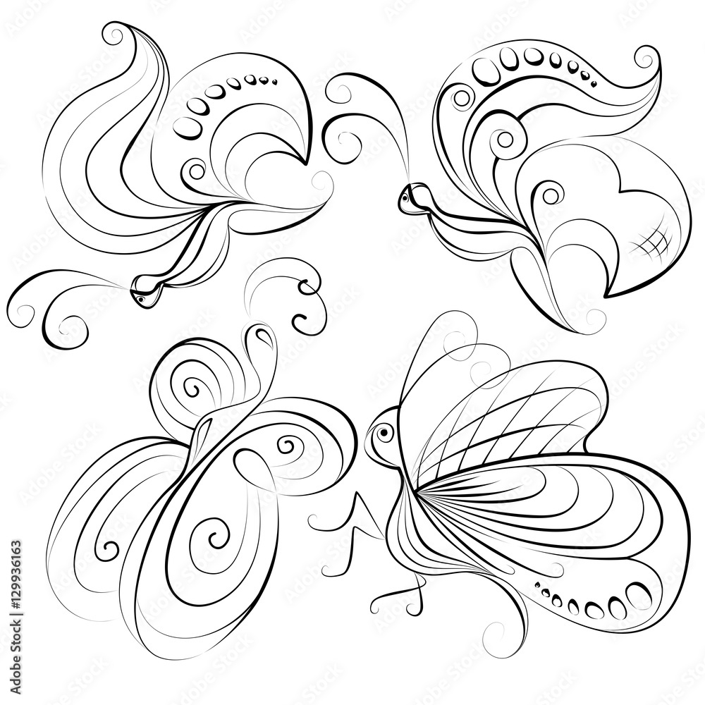 Fototapeta premium Illustration - four different butterflies without a fill color on white background