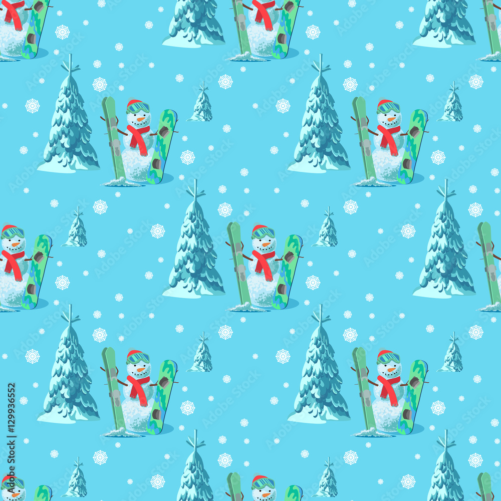 Endless pattern Christmas theme. Vector seamless illustration of a snowman, ski snowboard outfit with snow covered trees, mountains in the blue background.