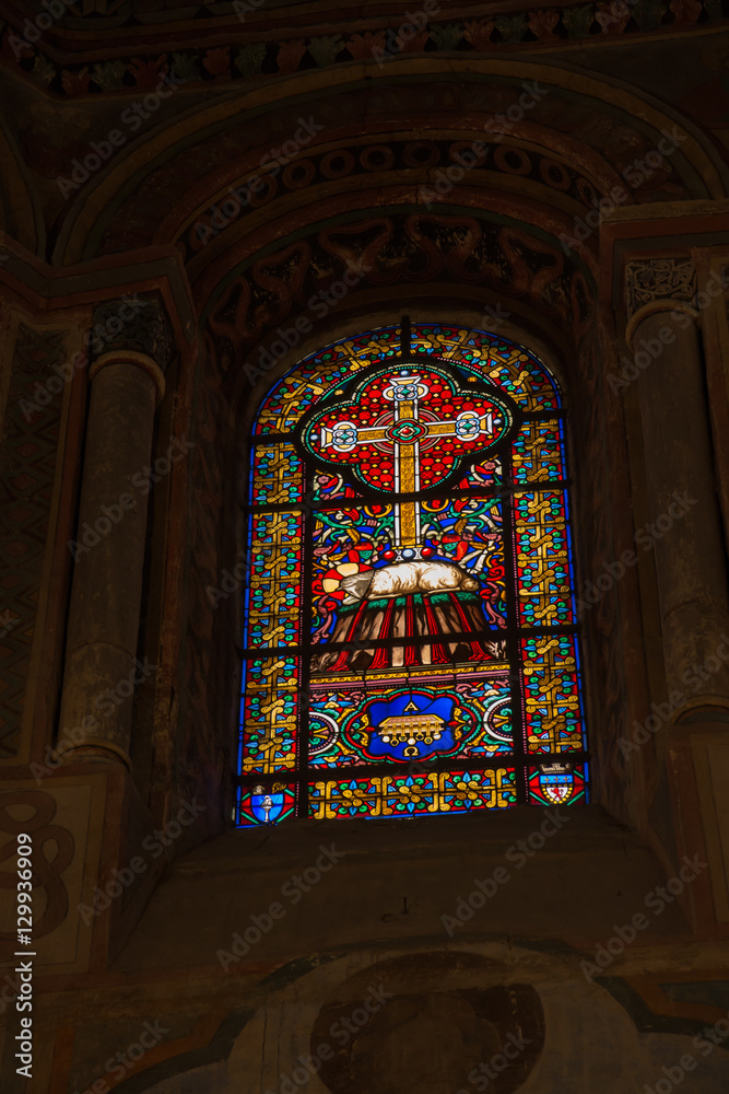 Poitiers, France - September 12, 2016: Colorful stained glass wi
