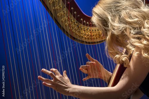 Closeup portrait of young girl playing the harp during concert at musical theater