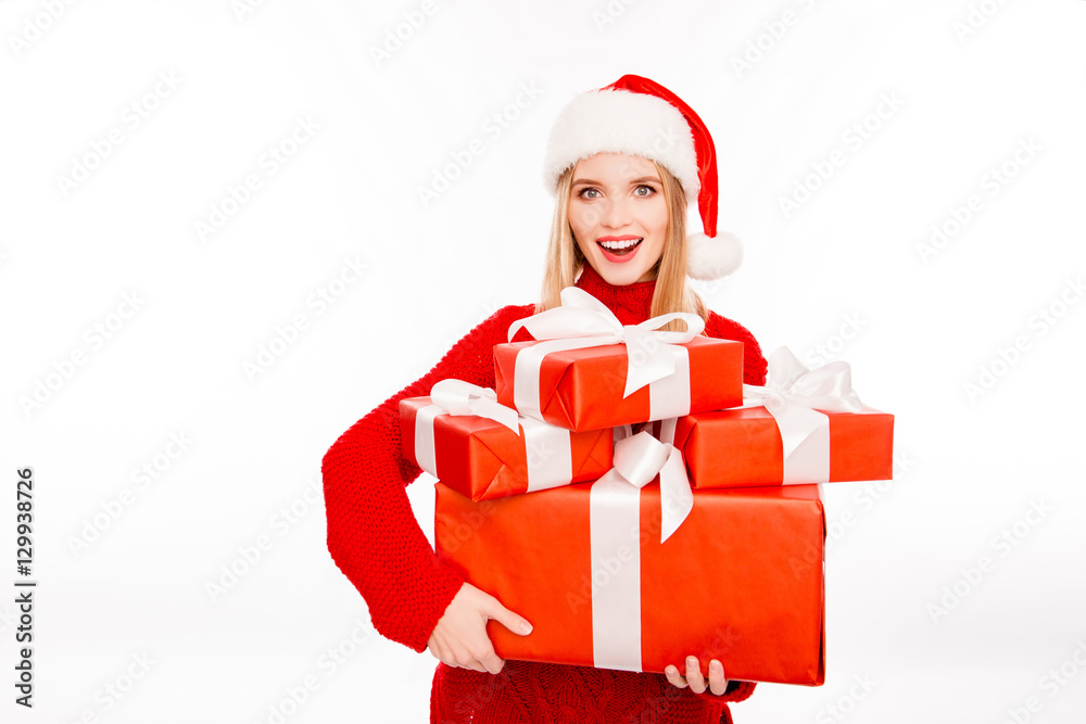 Happy smiling woman holding boxes with present on xmas Happy smiling woman holding boxes with present on xmas