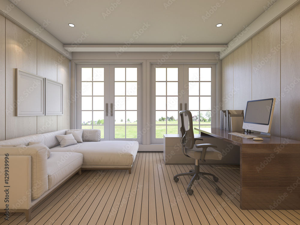Fototapeta premium 3d rendering nice view living room with sofa and working desk