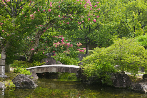 Japan Himeji Himeji Koko-en Gardens stone bridge over stream