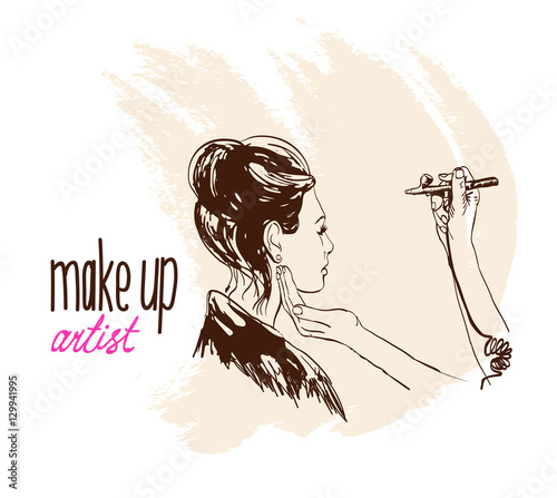 Woman visagist makeup artist paints on the face of his client. Illustration 
