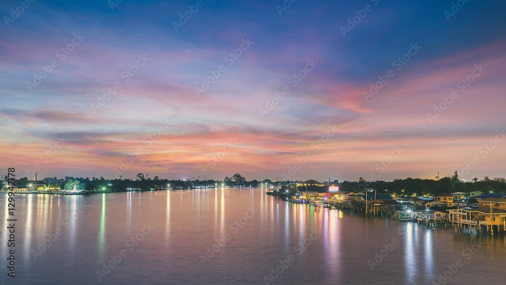 Sunset over Chao Phraya riverside, Thailand