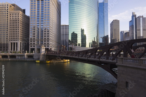 Skyscrapers on West Wacker Drive and the Chicago River by the Franklyn Street Bridge, Chicago Illinois photo