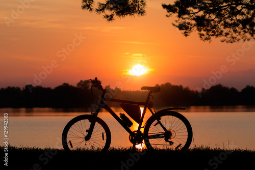 Single bicycle standing on a sunset under trees