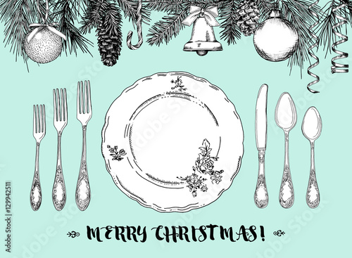 Hand drawn illustration of curly ornamental silver tableware, plate a turquoise background. Vector frame with hand drawn elements: branches of spruce and pine, cones, streamers, bell, bow, Christmas
