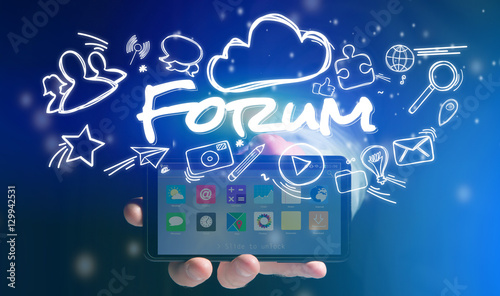 Concept of man holding smartphone with forum icon around